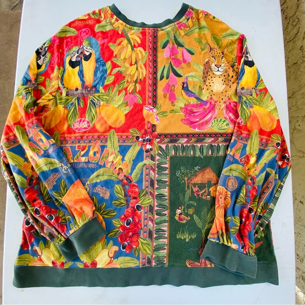 FARM Rio Anthropologie Brazil Jungle Leopard Parrot Sweatshirt Top women’s xl - Picture 16 of 16